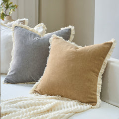 Bibury Reversible Linen Pillow Cover with Tassels Solid Color Home Decor