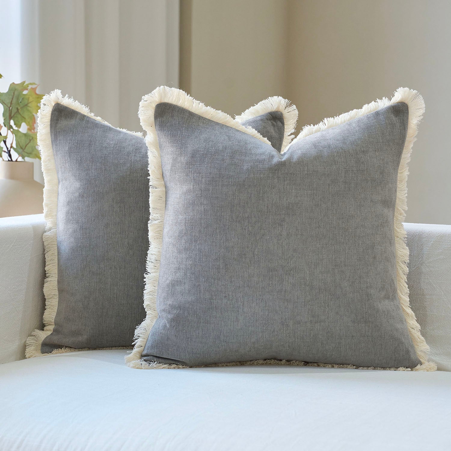 Bibury Reversible Linen Pillow Cover with Tassels Solid Color Home Decor-