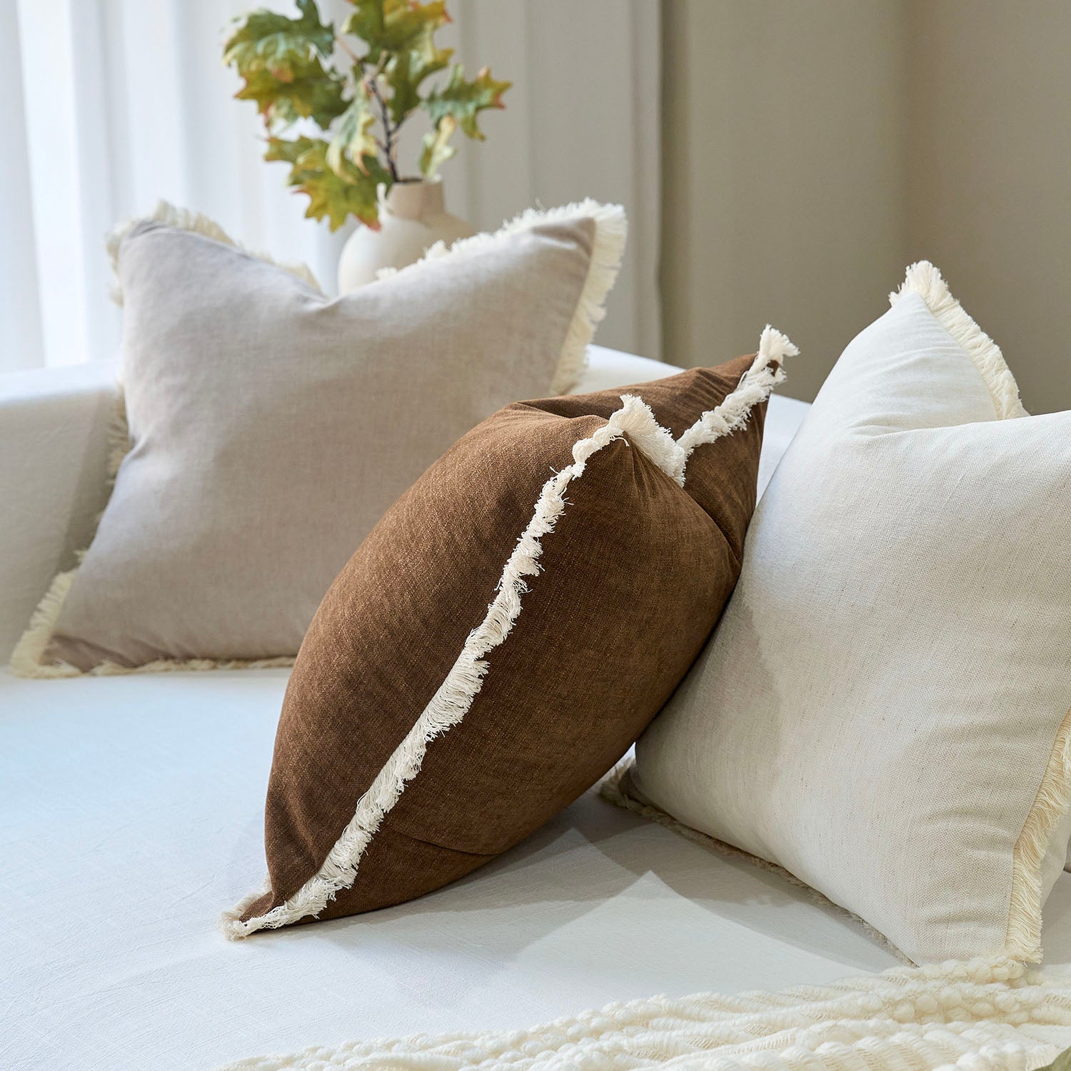 Bibury Reversible Linen Pillow Cover with Tassels Solid Color Home Decor-