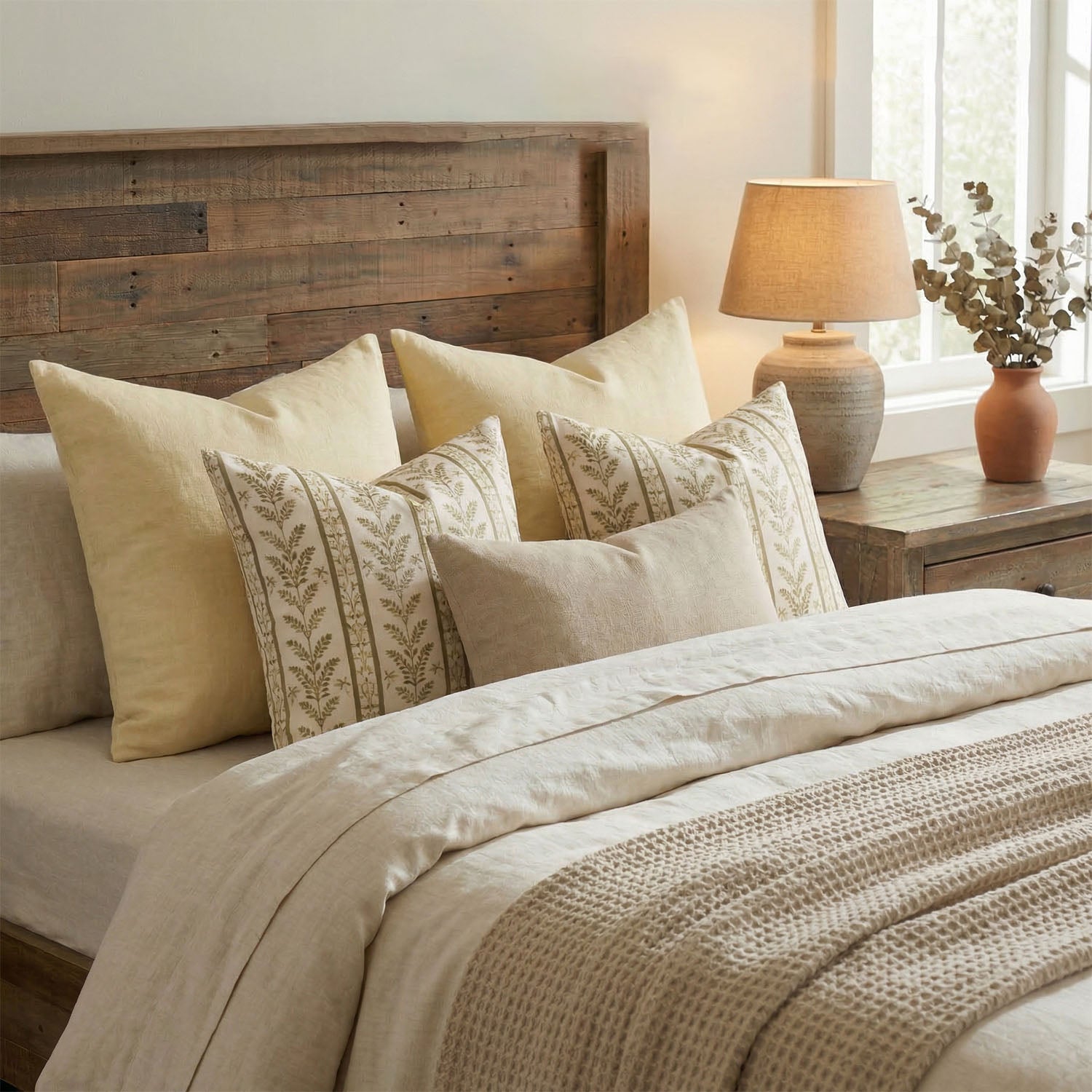Doux Reversible Floral Block Print Pillow Cover Neutral Boho Farmhouse Striped Accent-