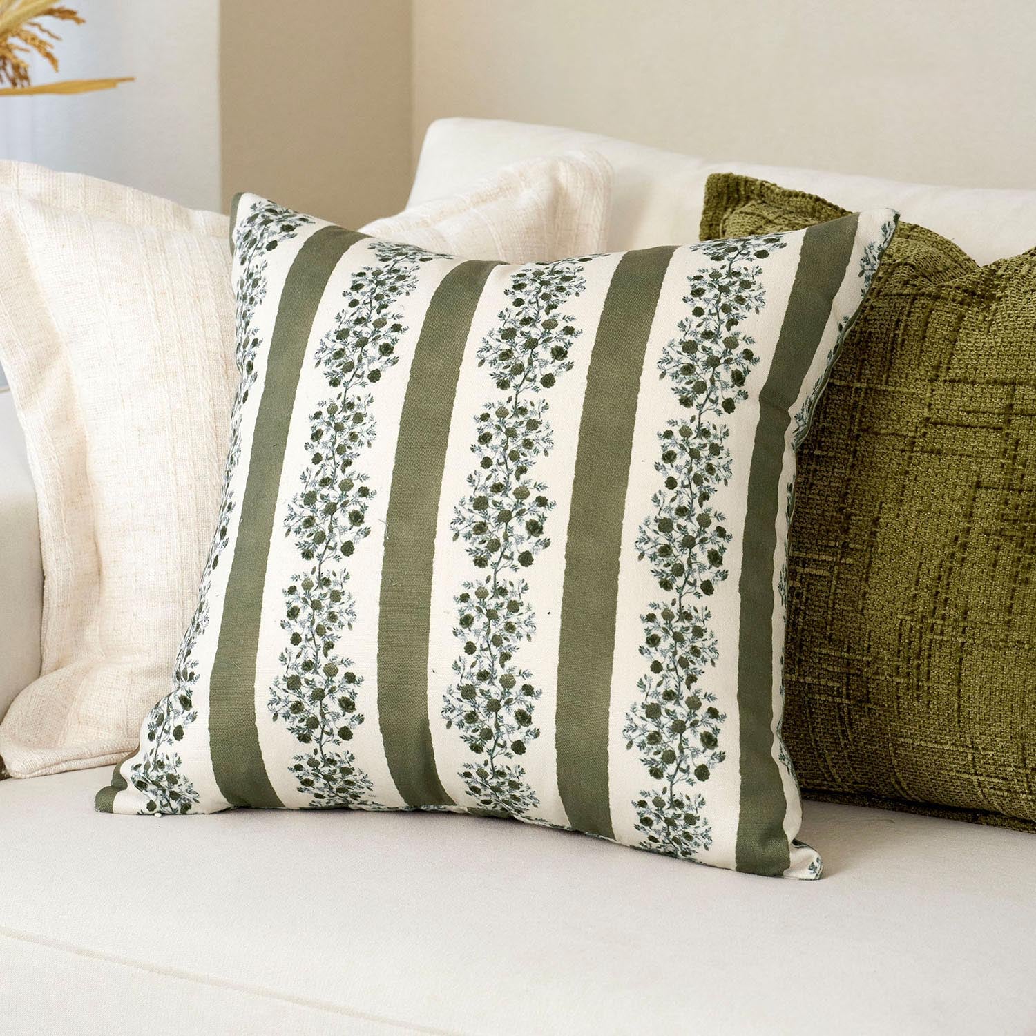 Avon Reversible Floral Block Print Throw Pillow Cover Vintage Striped Neutral Farmhouse Boho Decor-