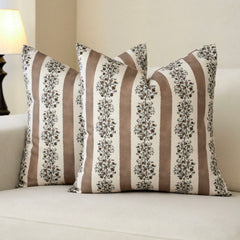 Avon Reversible Floral Block Print Throw Pillow Cover Vintage Striped Neutral Farmhouse Boho Decor