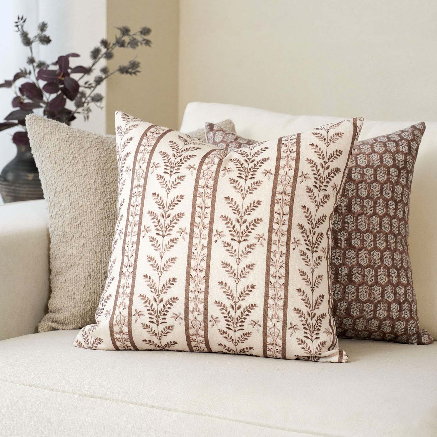 Doux Reversible Floral Block Print Pillow Cover Neutral Boho Farmhouse Striped Accent-