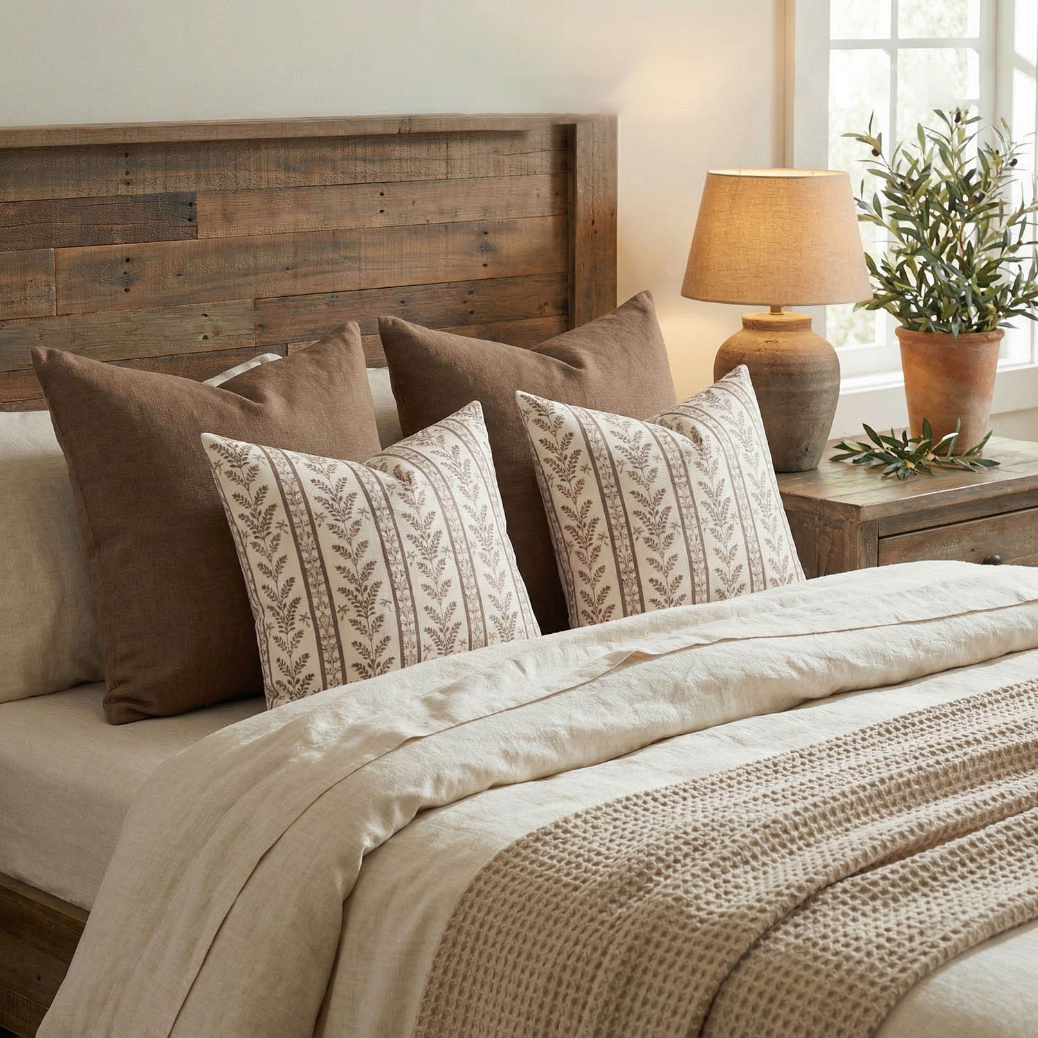 Doux Reversible Floral Block Print Pillow Cover Neutral Boho Farmhouse Striped Accent-