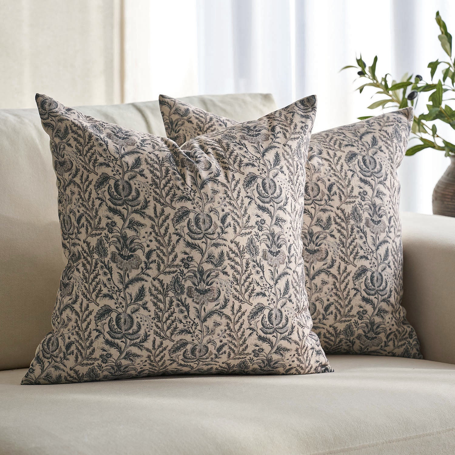 Caudry Block Print Floral Pillow Cover Cotton Rustic Farmhouse Decor-