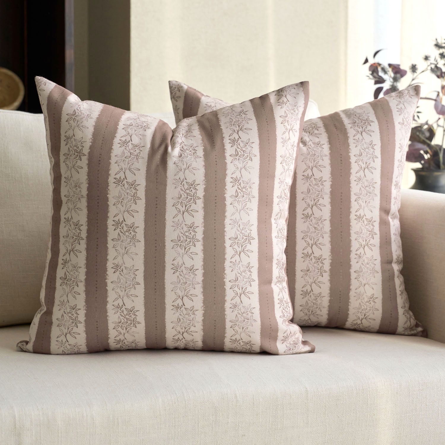 Avallon Stripe Floral Cotton Rustic Pillow Cover Reversible Cushion Case-