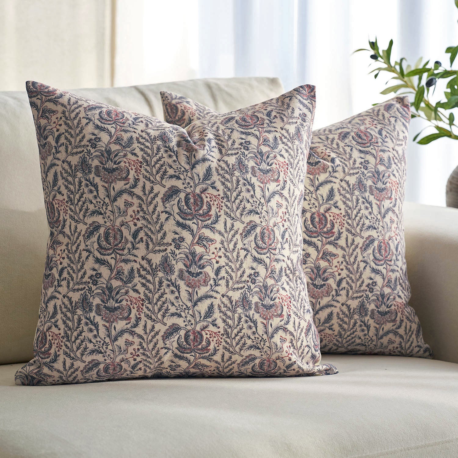 Caudry Block Print Floral Pillow Cover Cotton Rustic Farmhouse Decor-