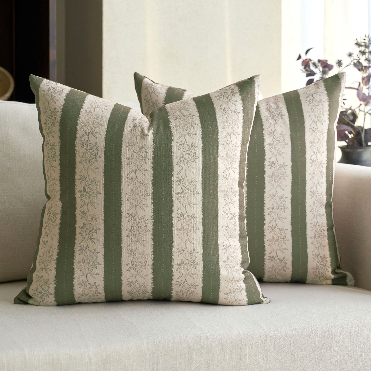 Avallon Stripe Floral Cotton Rustic Pillow Cover Reversible Cushion Case-
