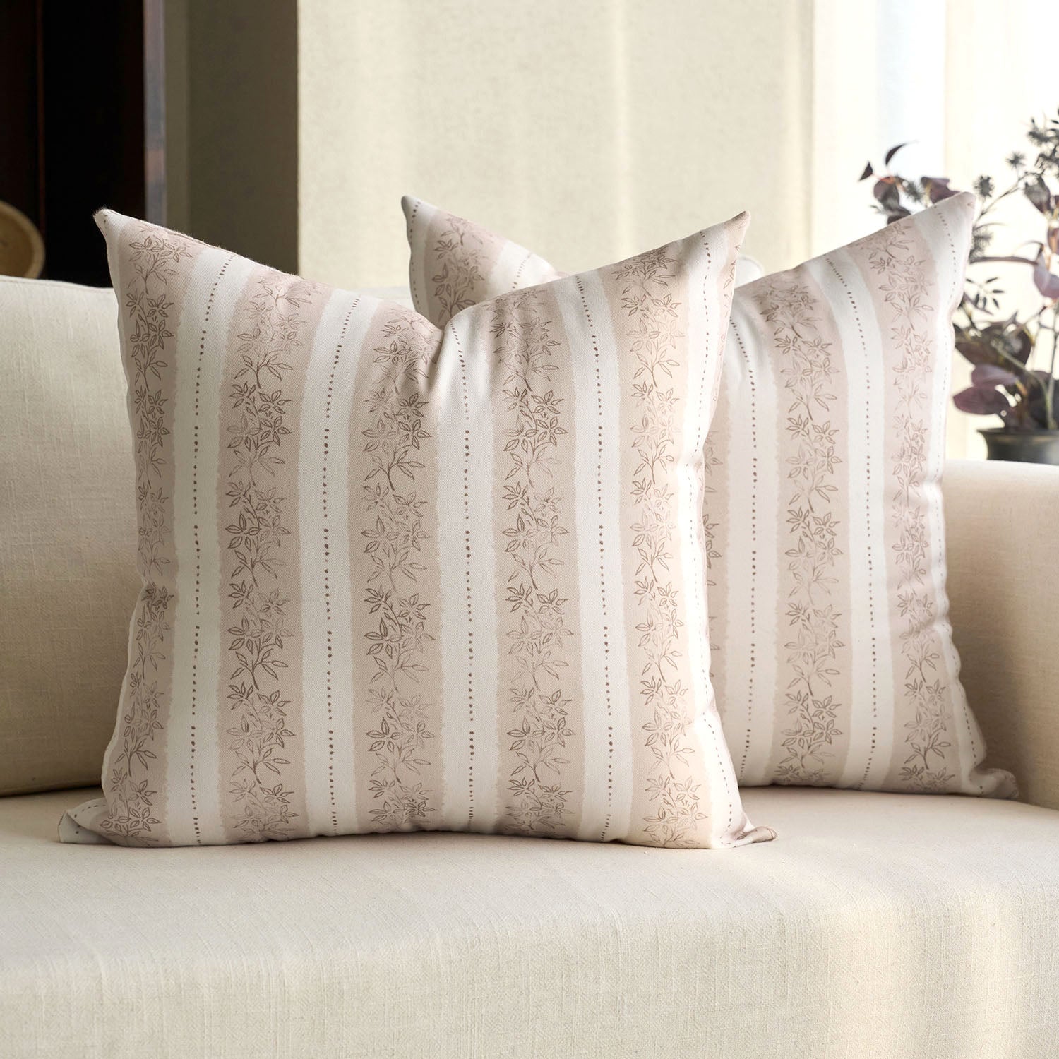 Avallon Stripe Floral Cotton Rustic Pillow Cover Reversible Cushion Case-