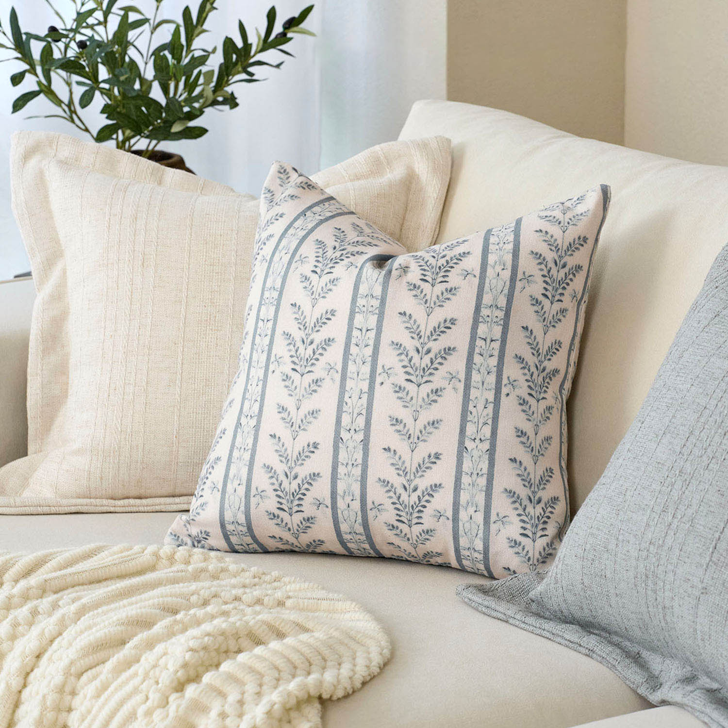Doux Reversible Floral Block Print Pillow Cover Neutral Boho Farmhouse Striped Accent-