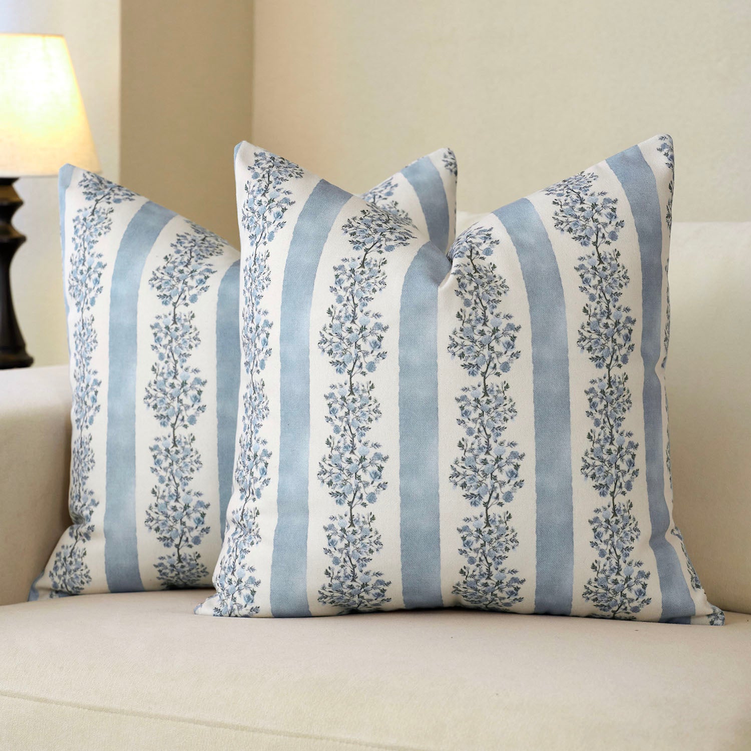 Avon Reversible Floral Block Print Throw Pillow Cover Vintage Striped Neutral Farmhouse Boho Decor-