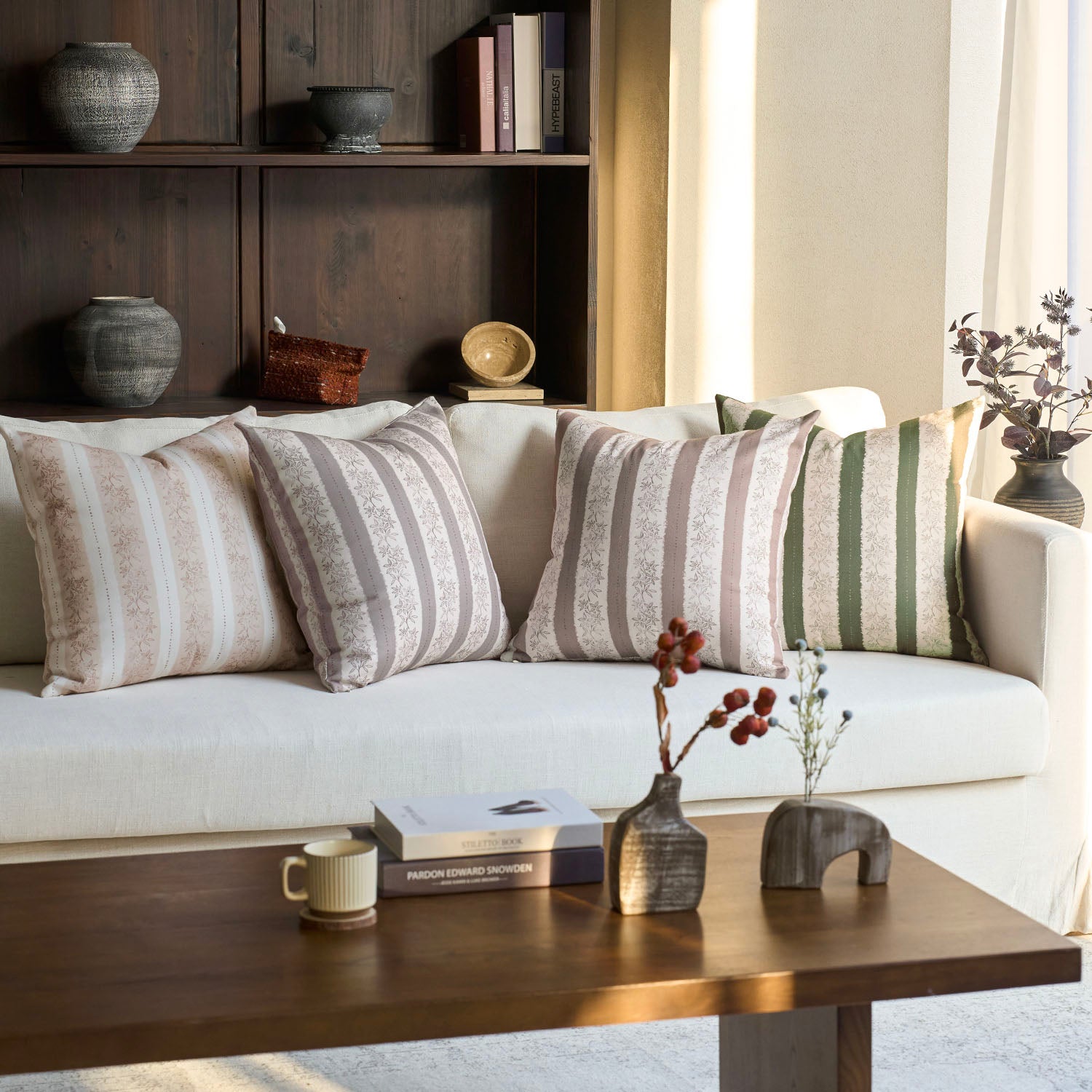 Avallon Stripe Floral Cotton Rustic Pillow Cover Reversible Cushion Case-