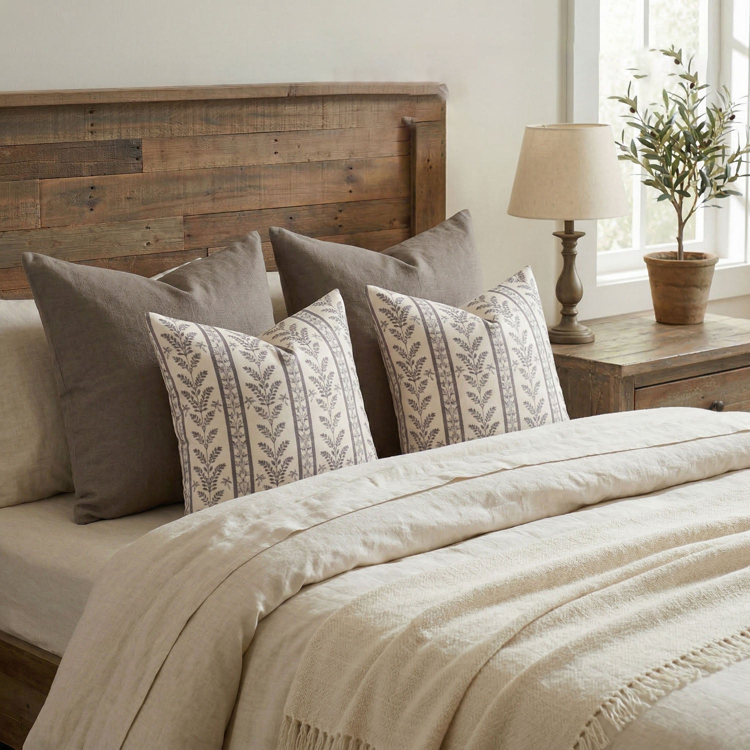 Doux Reversible Floral Block Print Pillow Cover Neutral Boho Farmhouse Striped Accent-
