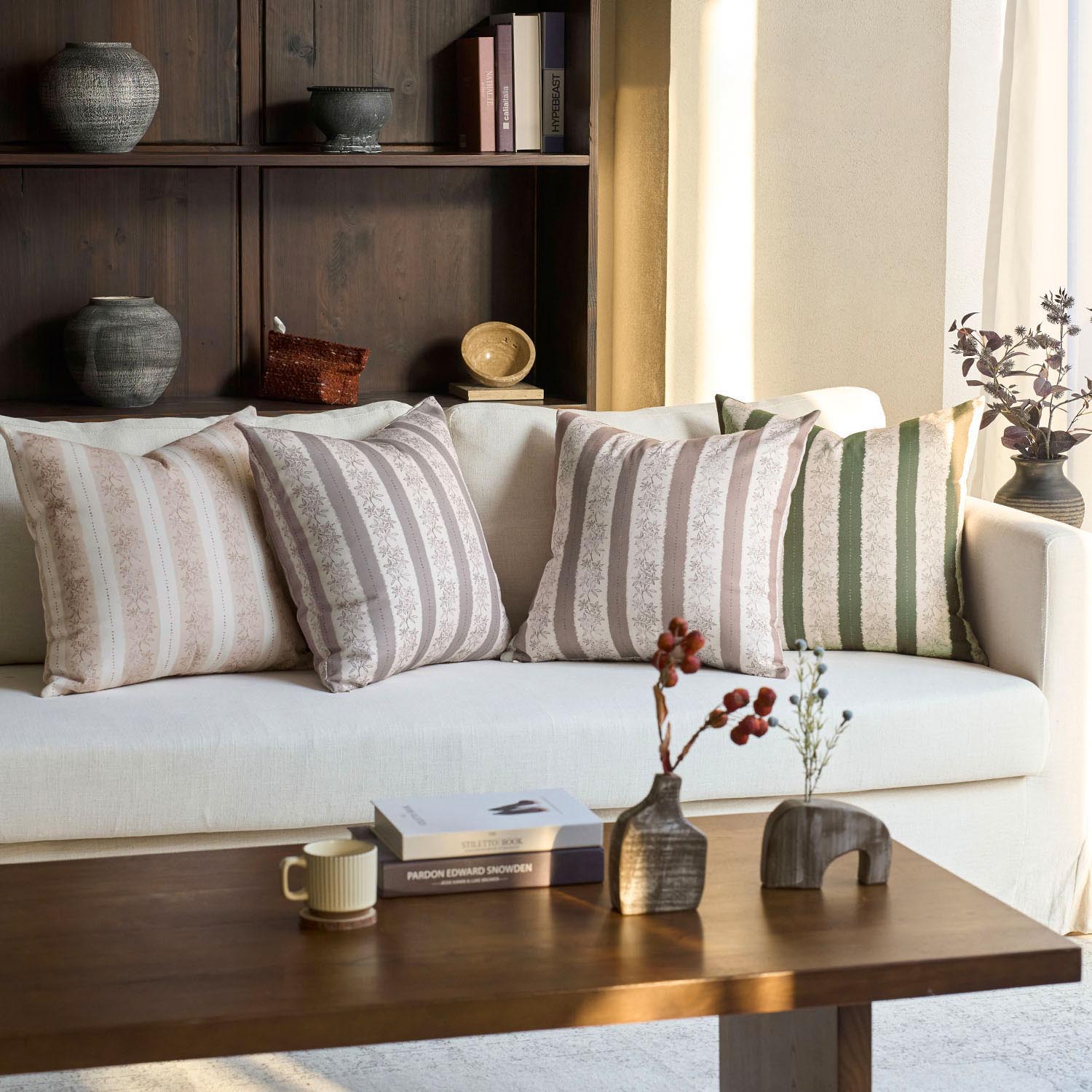 Avallon Stripe Floral Cotton Rustic Pillow Cover Reversible Cushion Case-