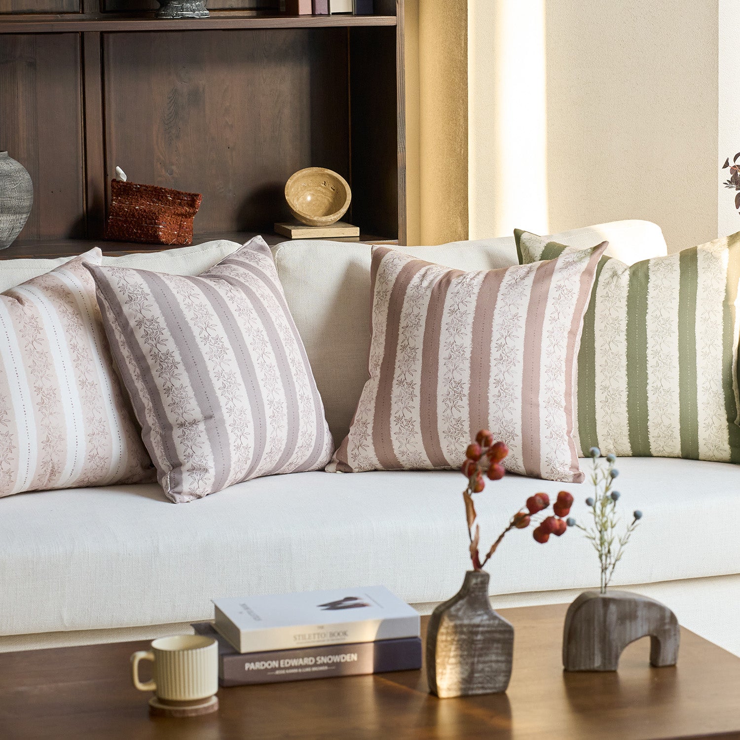 Avallon Stripe Floral Cotton Rustic Pillow Cover Reversible Cushion Case-