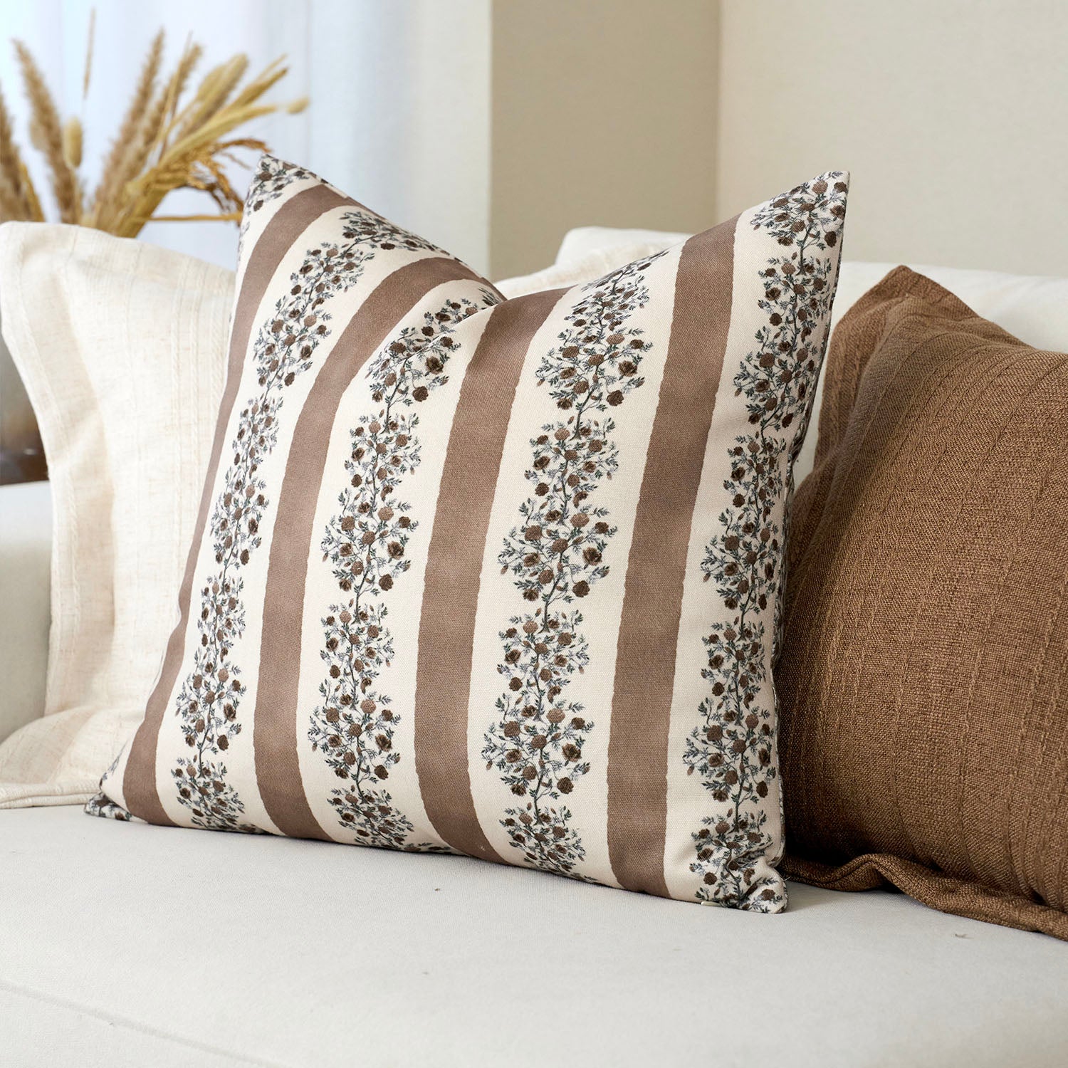 Avon Reversible Floral Block Print Throw Pillow Cover Vintage Striped Neutral Farmhouse Boho Decor-